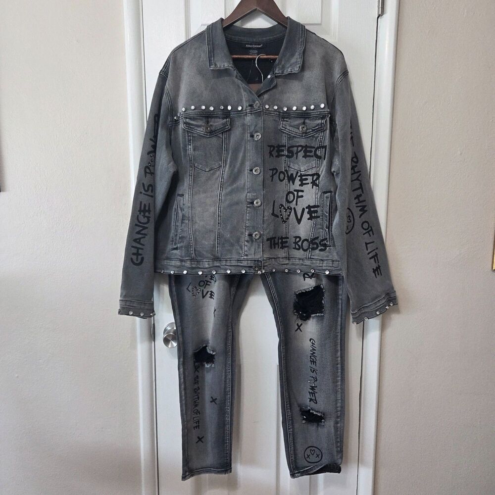 Ashley Stewart Graffiti Denim Jacket Jeans Set Plus Size 22/24 18 NWT